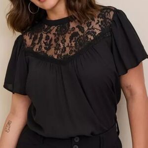 Torrid Georgette With Lace Detail Flutter Sleeve Black Top Women's Plus Size 3X